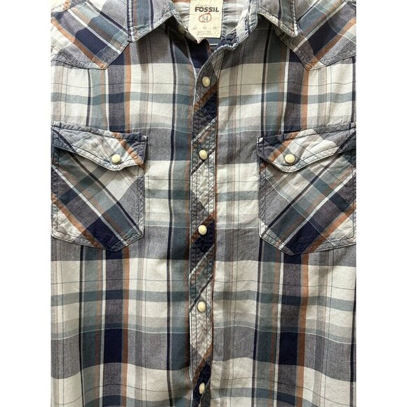 2/$30 Fossil 54 Vintage Fit Plaid Pearl Snap Button Up Shirt Mens M Blue Western - Picture 5 of 9